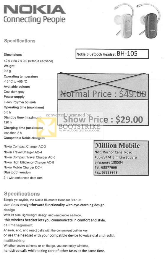PC Show 2010 price list image brochure of Million Mobile B2023 Nokia Bluetooth Headset BH 105