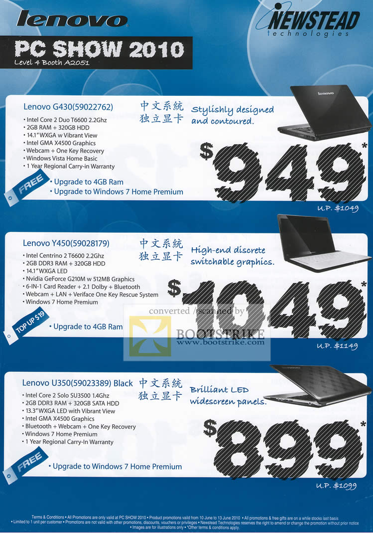 PC Show 2010 price list image brochure of Newstead Technologies Notebooks Lenovo G430 Y450 U350