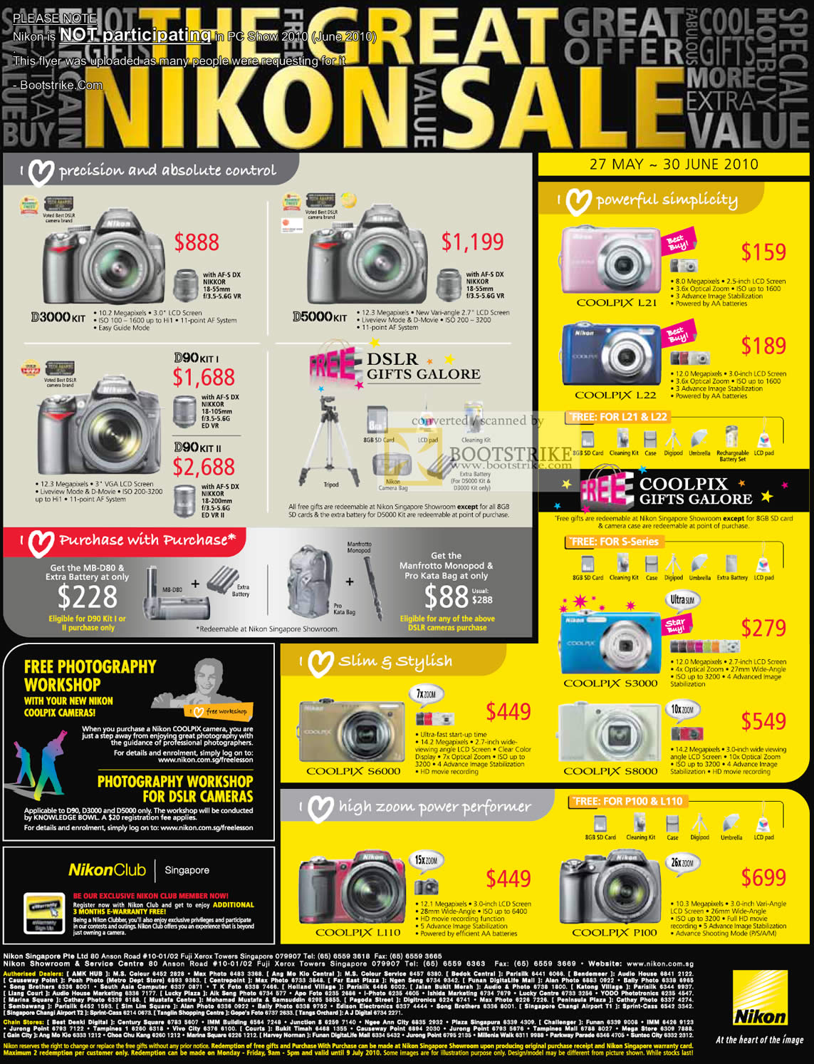 PC Show 2010 price list image brochure of Nikon NOT PARTICIPATING Digital Cameras DSLR D3000 D5000 Coolpix L21 L22 D90 S6000 S3000 S8000 L110 P100