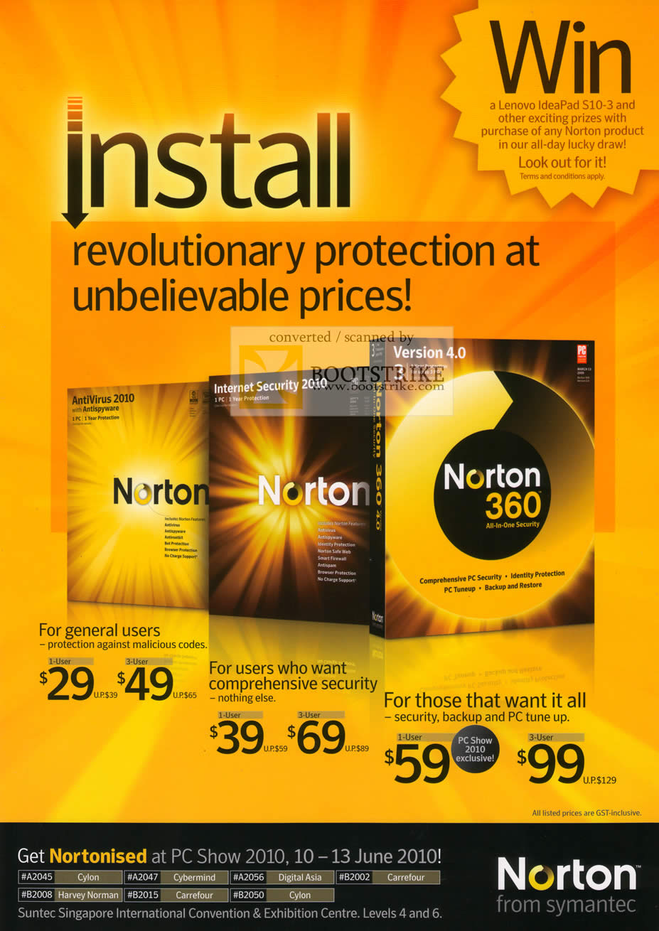 PC Show 2010 price list image brochure of Norton Symantec AntiVirus 2010 Internet Security 360 Lenovo IdeaPad S10 3