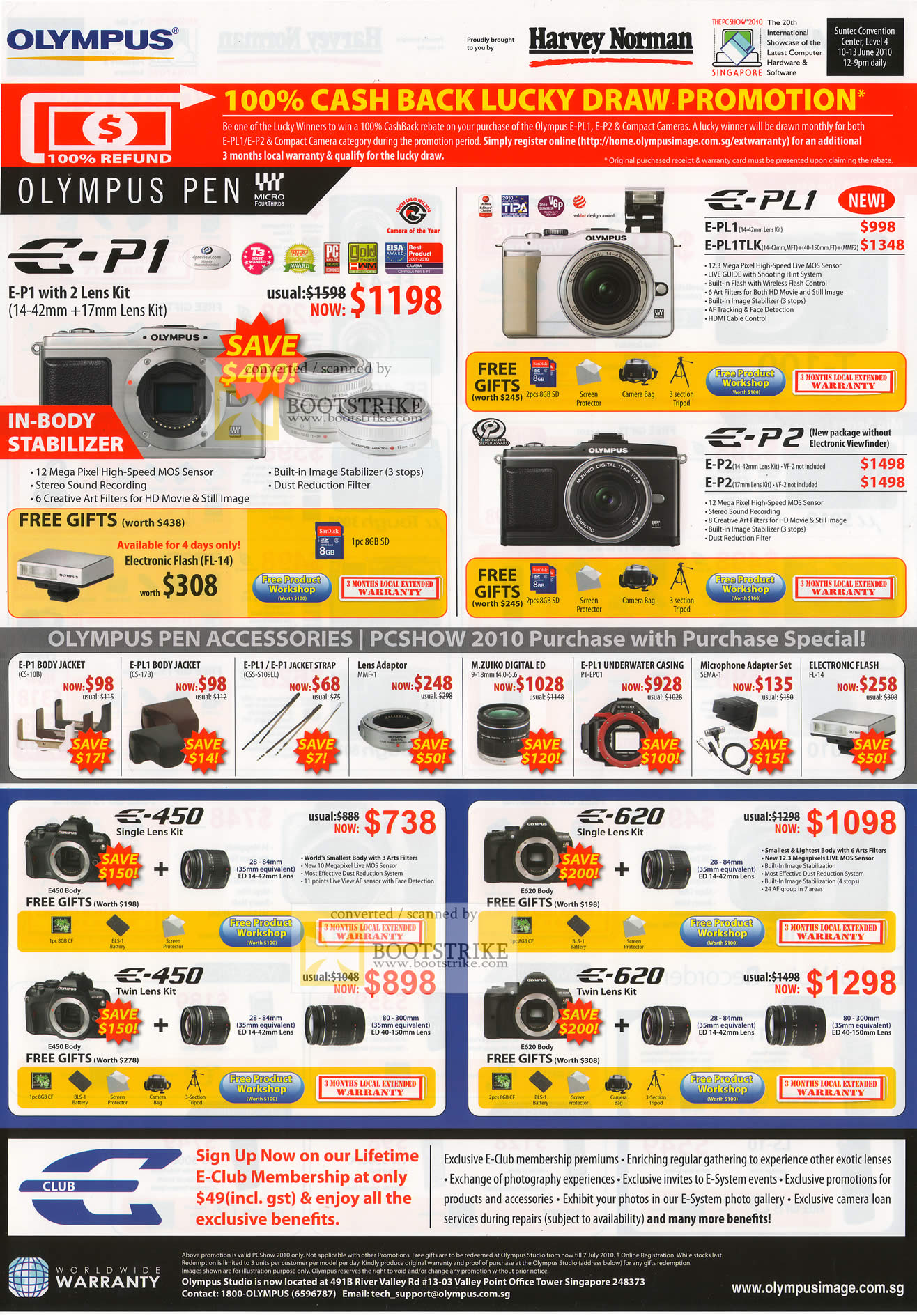 PC Show 2010 price list image brochure of Olympus Digital Cameras Pen E P1 PL1 P2 PL1TLK Accessories 450 620 Jacket Adapter