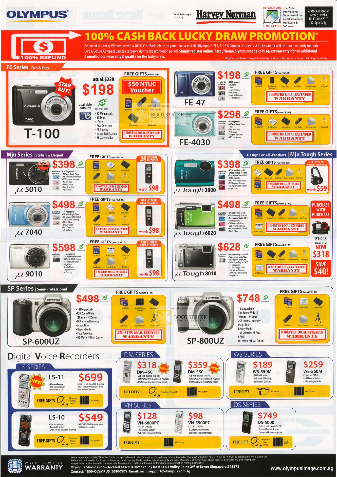 PC Show 2010 price list image brochure of Olympus Digital Cameras T100 FE 47 FE 4030 Mju U5010 UTough 3000 U7040 6020 U9010 8010 SP 600UZ 800UZ Voice Recorders