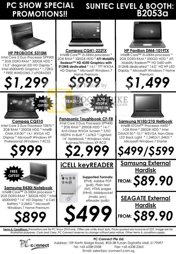 PC Show 2010 price list image brochure of PC Connect Notebooks HP Probook 5310M Compaq CQ41 Pavilion Panasonic Toughbook CF F8 Samsung N150 R4310 External Storage