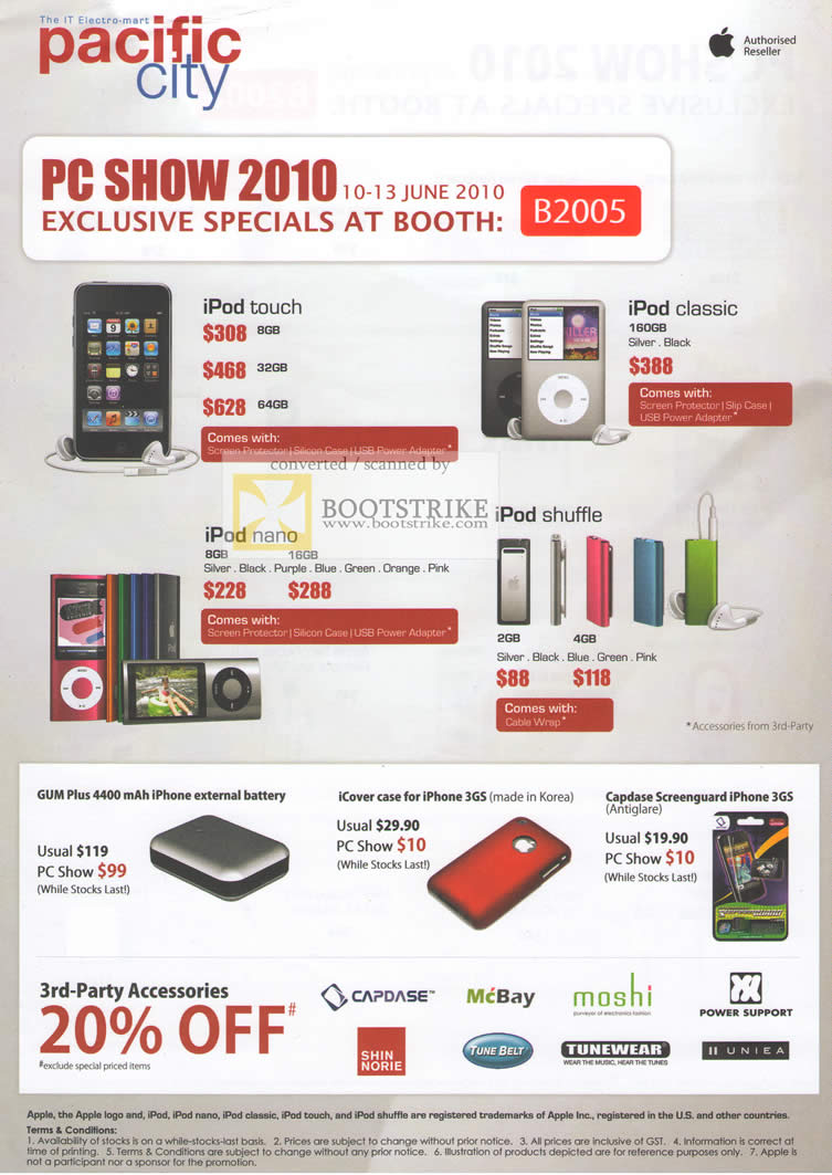 PC Show 2010 price list image brochure of Pacific City IPod Touch Classic Nano Shuffle GUM Plus 4400 ICover Case Capdase Screenguard