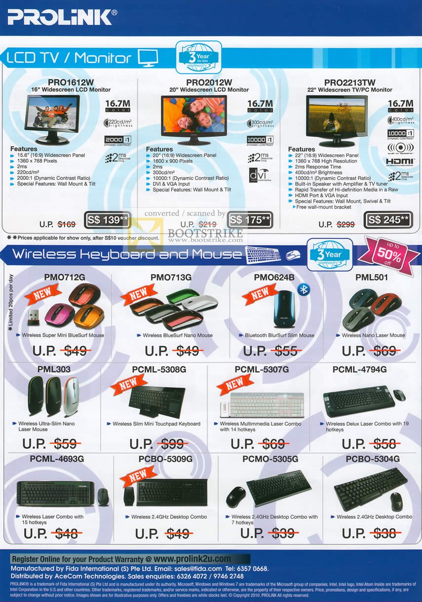 PC Show 2010 price list image brochure of Prolink LCD TV Monitor PRO1612W PRO2012W PRO2213TW Wireless Keyboard Mouse PMO712G PCML 5307G