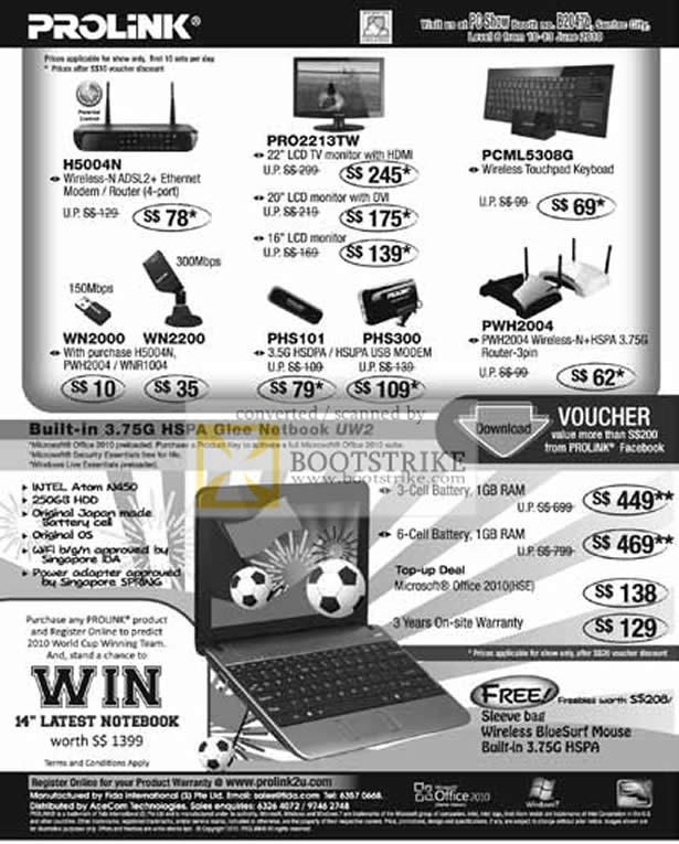 PC Show 2010 price list image brochure of Prolink Router H5004n LCD Monitor PRO2213TW 3G HSPA PHS101 Netbook Glee UW2