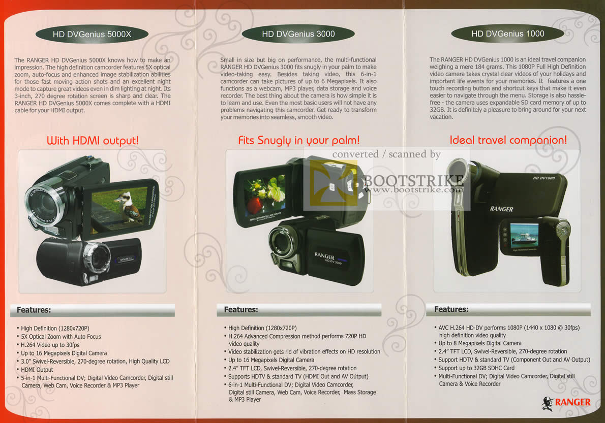 PC Show 2010 price list image brochure of Ranger Camcorder HD DVGenius 5000X 3000 1000 Specifications