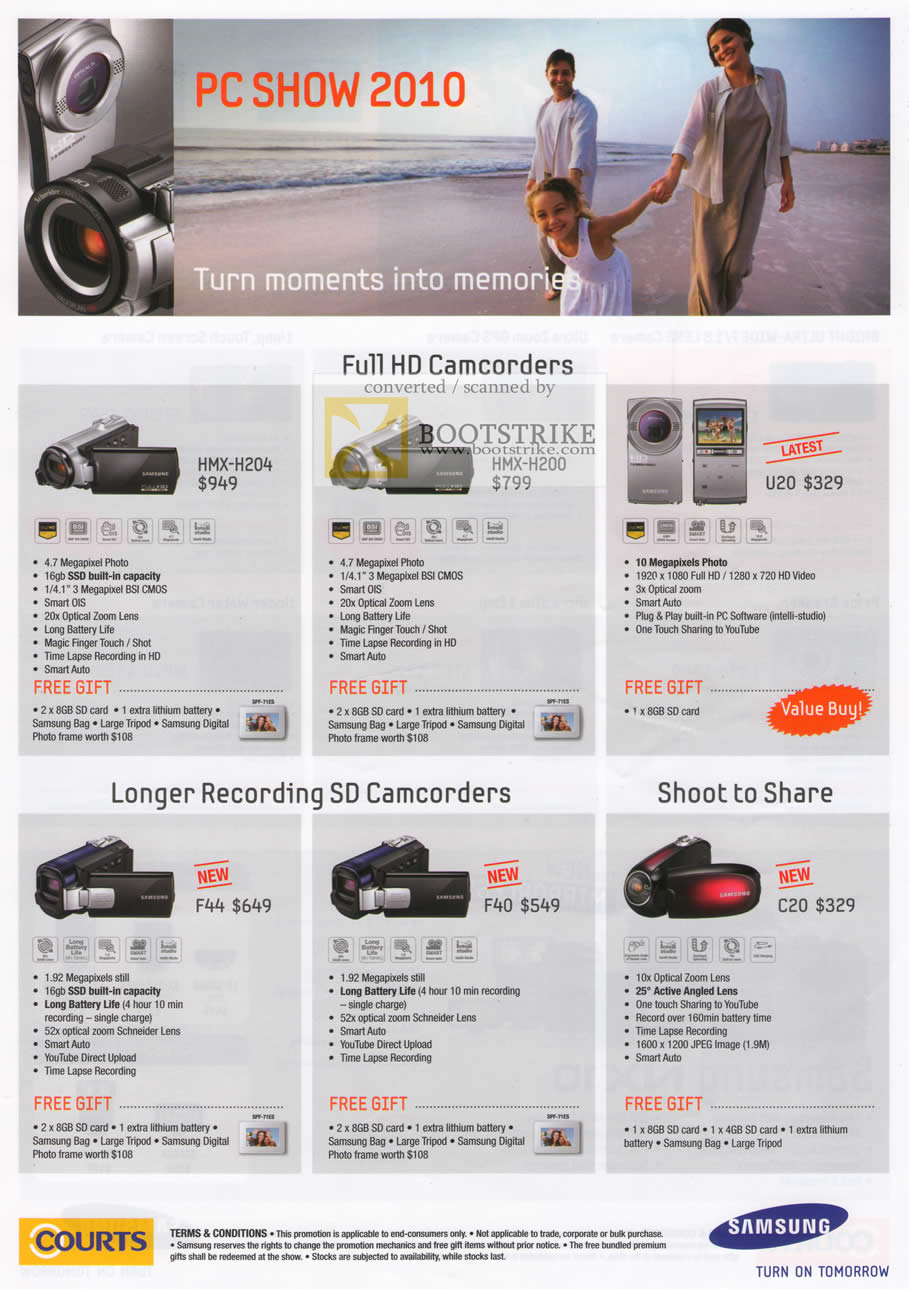 PC Show 2010 price list image brochure of Samsung Camcorders HMX H204 H200 U20 F44 F40 C20