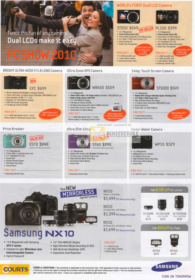 PC Show 2010 price list image brochure of Samsung Digital Cameras EX1 WB650 ST5000 ST550 PL150 ES70 ST60 WP10 DSLR NX10