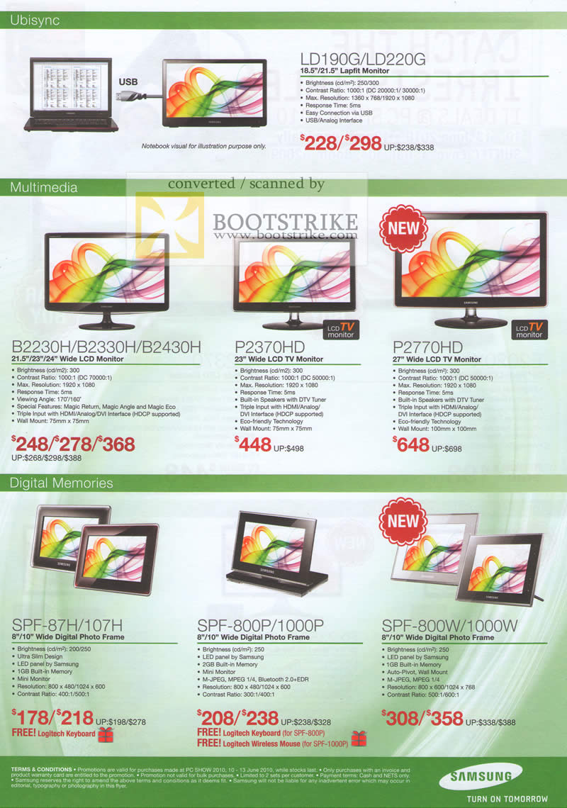 PC Show 2010 price list image brochure of Samsung LCD Monitors LD190G LD220G B2230H B2330H B2430H P2370HD P2770HD Photo Frame SPF 87H 107H 800P 1000P 800W 1000W