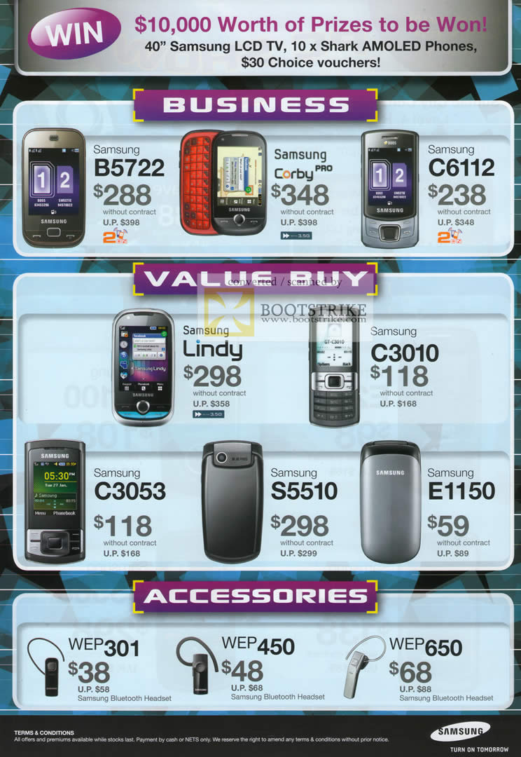PC Show 2010 price list image brochure of Samsung Mobile Phones B5722 Corby Pro C6112 Lindy C3010 C3053 S5510 E1150 WEP 301 450 650
