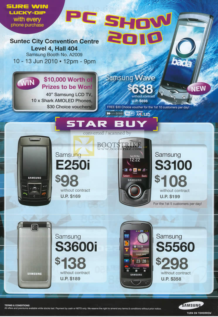 PC Show 2010 price list image brochure of Samsung Mobile Phones Wave E250i S3100 S3600i S5560