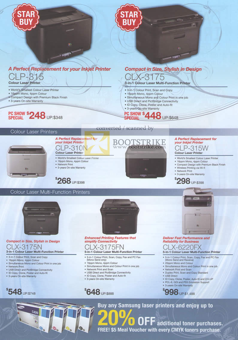 PC Show 2010 price list image brochure of Samsung Printers Colour Laser CLP 315 3175 310N 315W 3175N 3175FN 6220FX