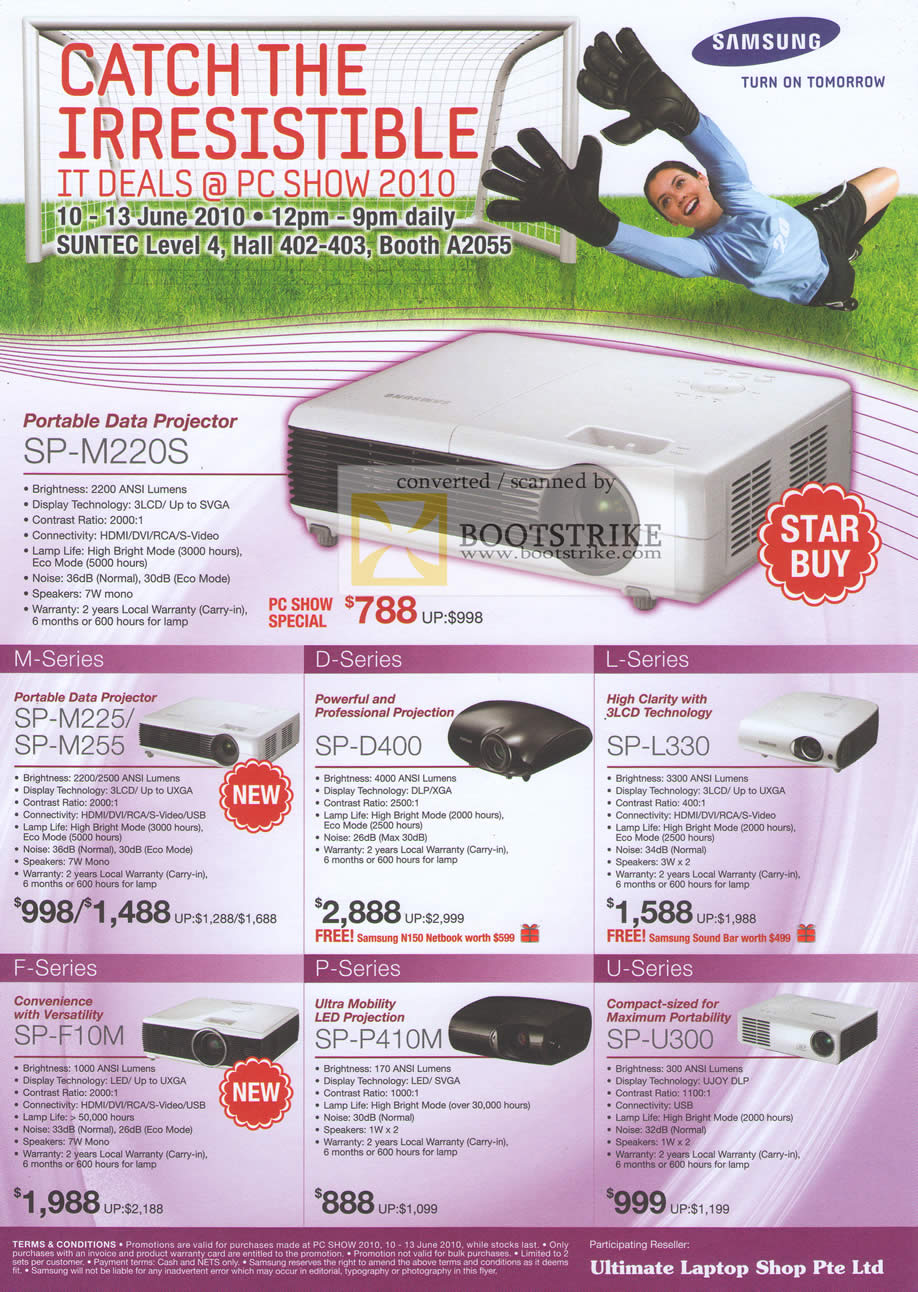 PC Show 2010 price list image brochure of Samsung Projectors Portable Data SP M220S M225 M255 D400 L330 F10M P410M U300