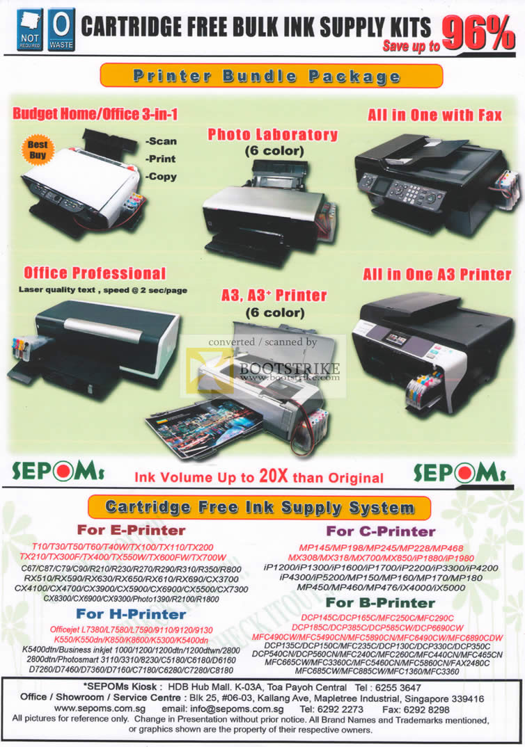 PC Show 2010 price list image brochure of Sepoms A2011 Printer Bundles Office Home All In One Cartridge Free Ink Supply System