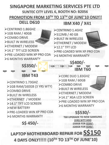 PC Show 2010 price list image brochure of Singapore Marketing Services Notebooks Dell D610 IBM X40 IBM T43 T60