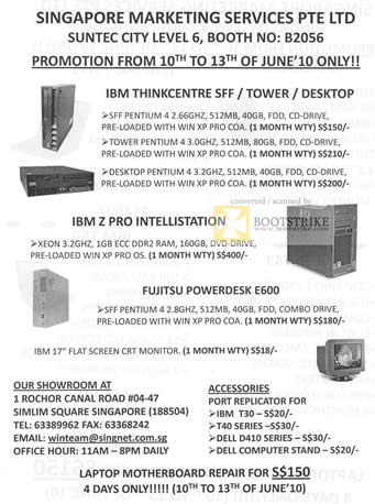 PC Show 2010 price list image brochure of Singapore Marketing Services Notebooks IBM ThinkCentre Desktop Z Pro Fujitsu Powerdesk E600