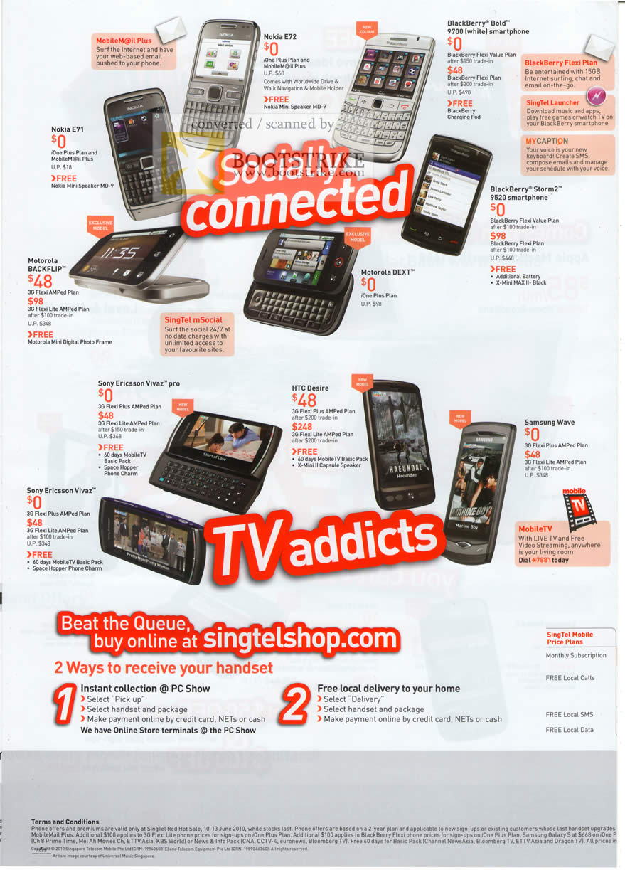 PC Show 2010 price list image brochure of Singtel Mobile Phones Nokia BlackBerry Motorola Sony Ericsson Vivaz HTC Samsung