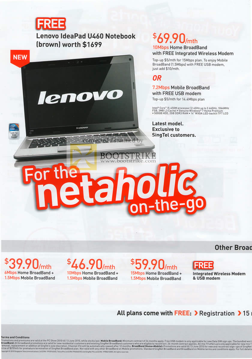 PC Show 2010 price list image brochure of Singtel Singnet Lenovo IdeaPad U460 Home Broadband Mobile