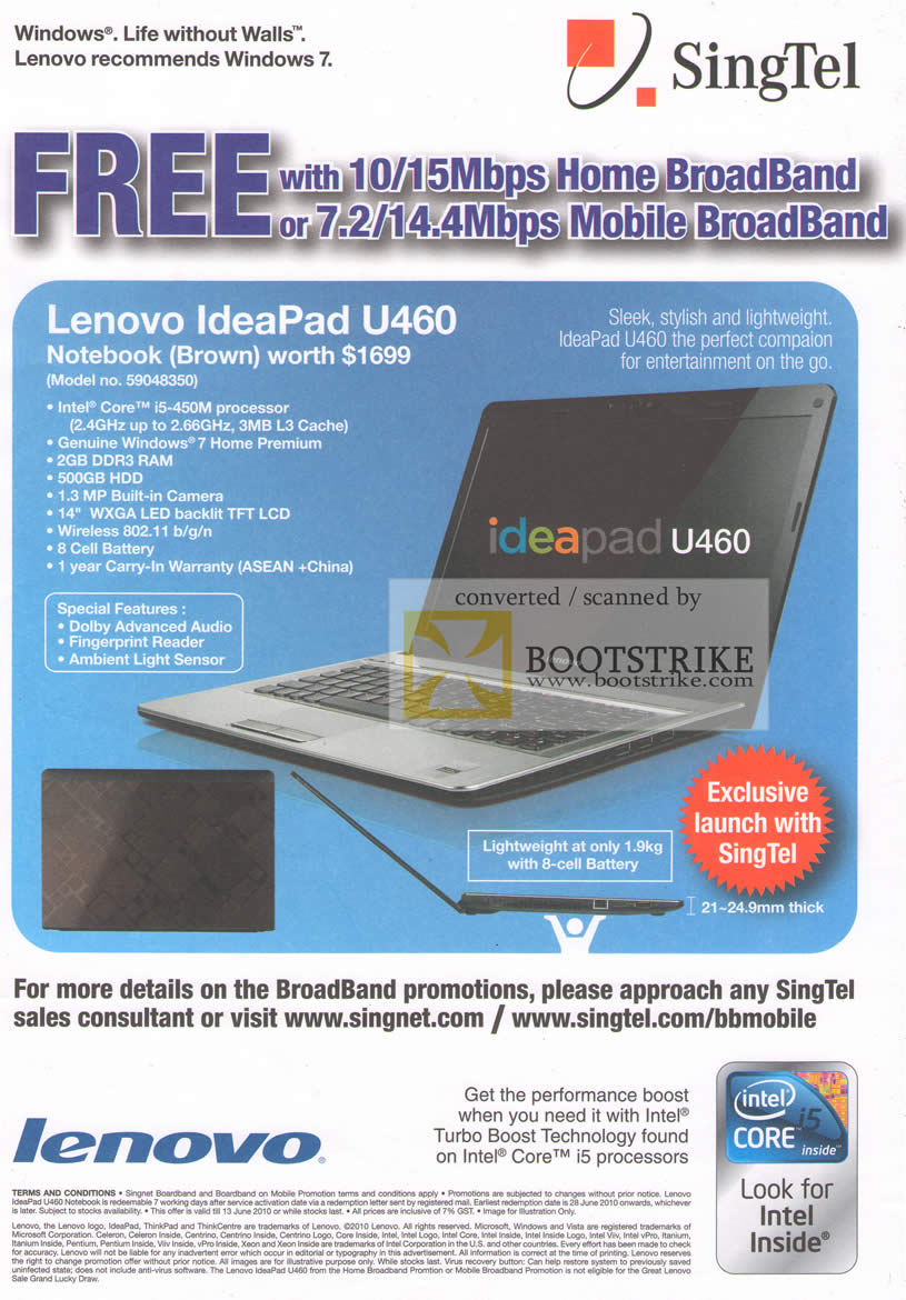 PC Show 2010 price list image brochure of Singtel Singnet Lenovo Ideapad U460 Notebook Brown Specifications