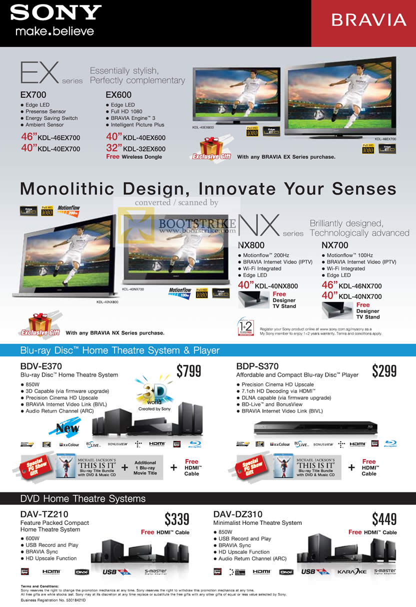 PC Show 2010 price list image brochure of Sony Bravia NX800 NX700 EX700 EX600 Edge LED TV Blu Ray Home Theatre System Player BDV E370 S370 DAV