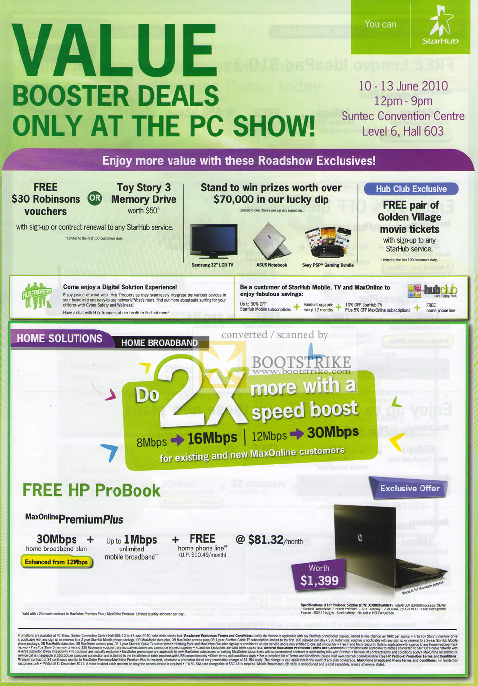 PC Show 2010 price list image brochure of Starhub HP Maxonline PremiumPlus ProBook Robinsons Toy Story 3 Memory Drive Lucky Dip Golden Village Movie Tickets