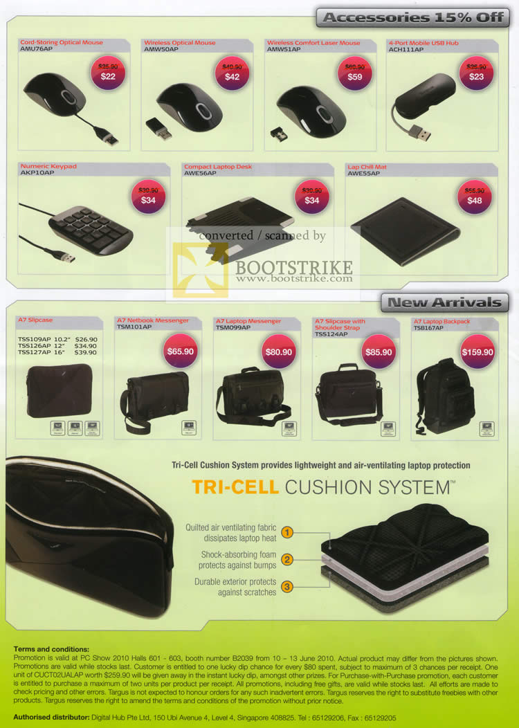 PC Show 2010 price list image brochure of Targus Mouse Wireless Laser Comfort USB Hub Keypad Laptop Desk Case Tri Cell Cushion System
