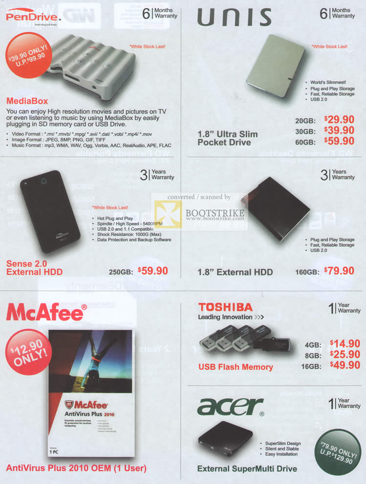 PC Show 2010 price list image brochure of Toshiba MediaBox PenDrive Unis External Storage Sense 2 McAfee Acer Flash Memory DVD Drive