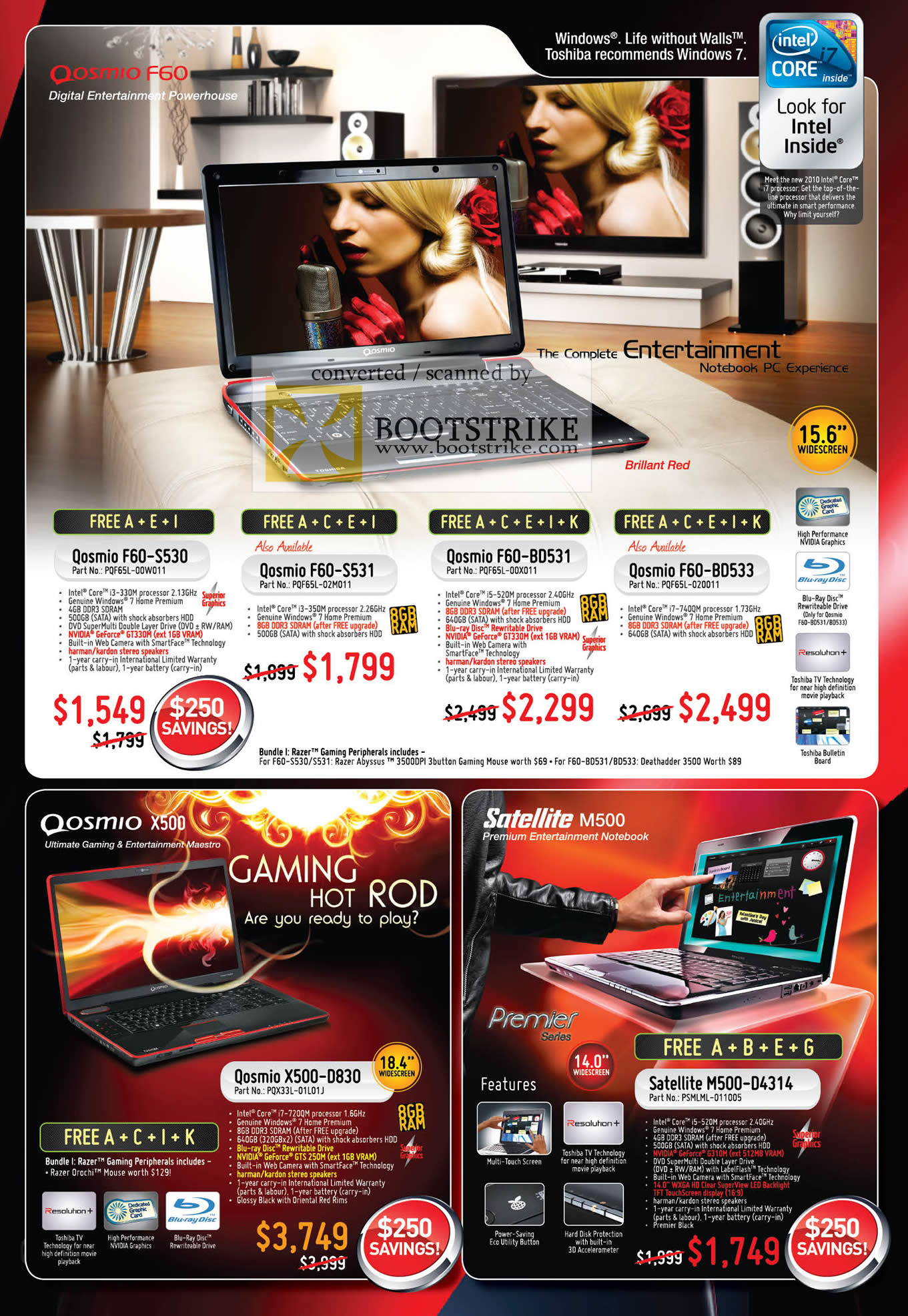 PC Show 2010 price list image brochure of Toshiba Notebooks Qosmio F60 S530 S531 BD531 BD533 X500 D830 Satellite M500 D4314