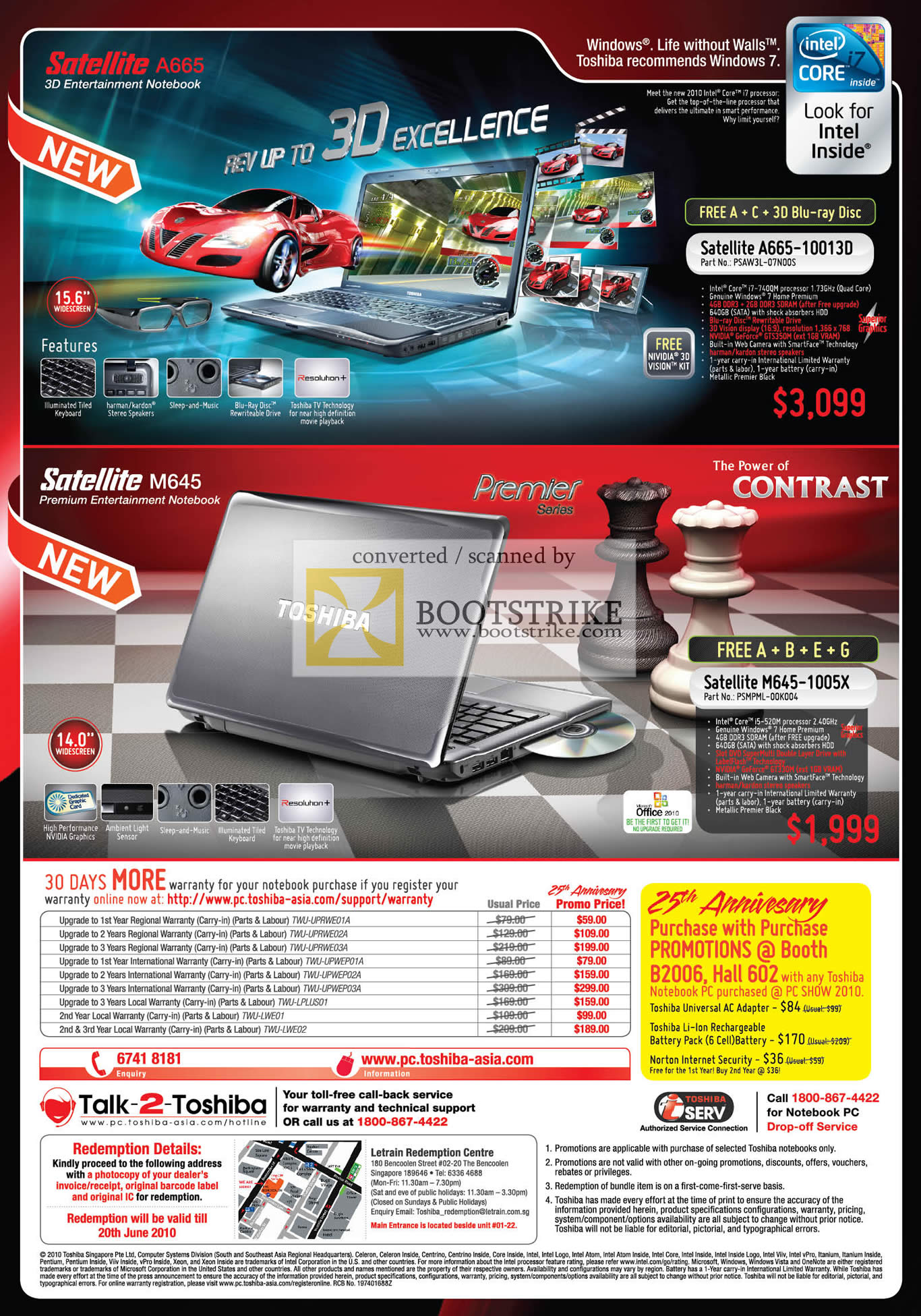 PC Show 2010 price list image brochure of Toshiba Notebooks Satellite A665 10013D M645 1005X Warranty Upgrades