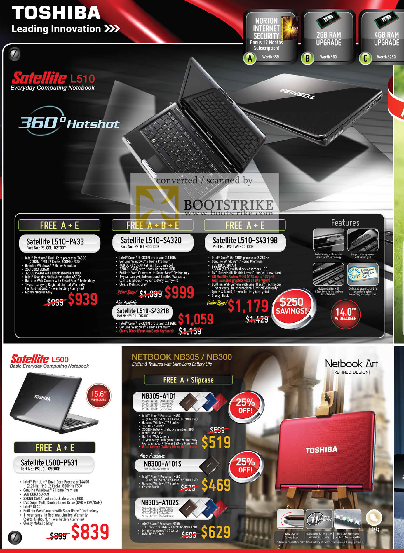 PC Show 2010 price list image brochure of Toshiba Notebooks Satellite L510 P433 S4320 S4918B L500 P531 Netbook NB305 A101 NB300 A101S A102S