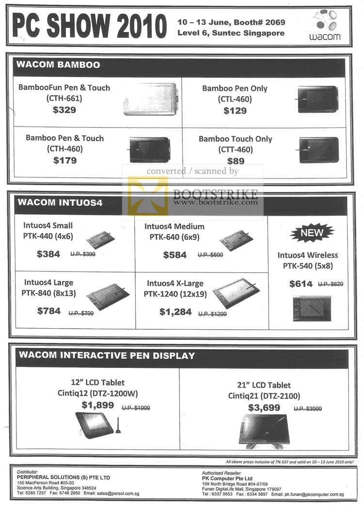 PC Show 2010 price list image brochure of Wacom Bamboo Pen Touch CTH 661 460 460 CTT Intuos4 PTK 440 640 840 1240 540 Wireless Cintiq12 DTZ 1200W 2100