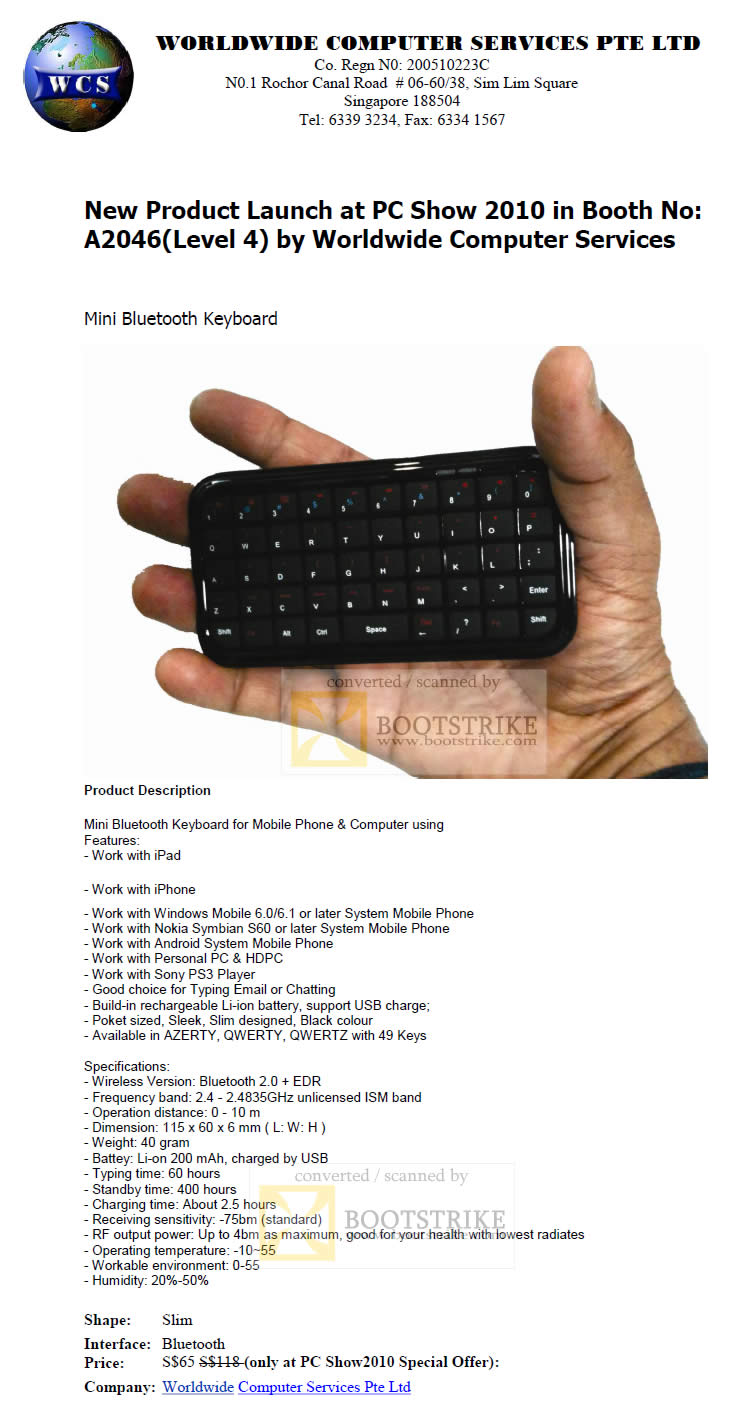 PC Show 2010 price list image brochure of Worldwide Computer Mini Bluetooth Keyboard