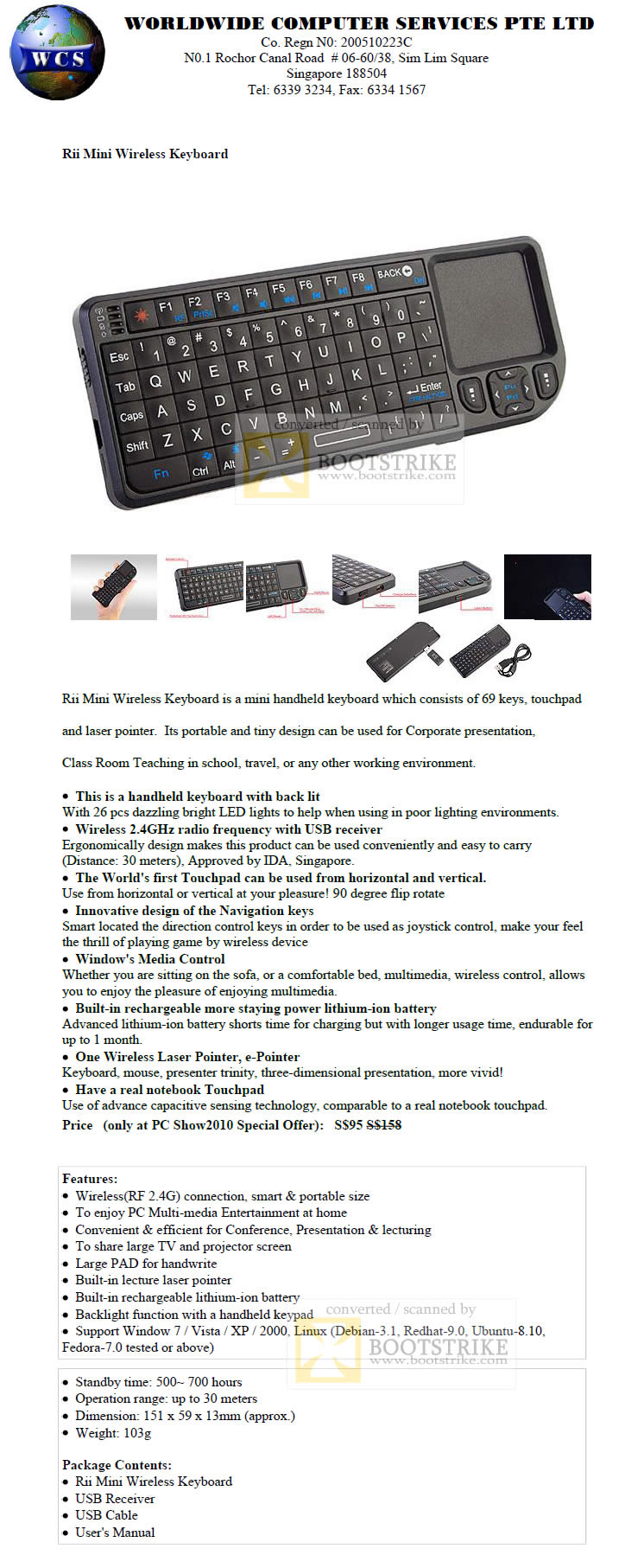 PC Show 2010 price list image brochure of Worldwide Computer Rii Mini Wireless Keyboard