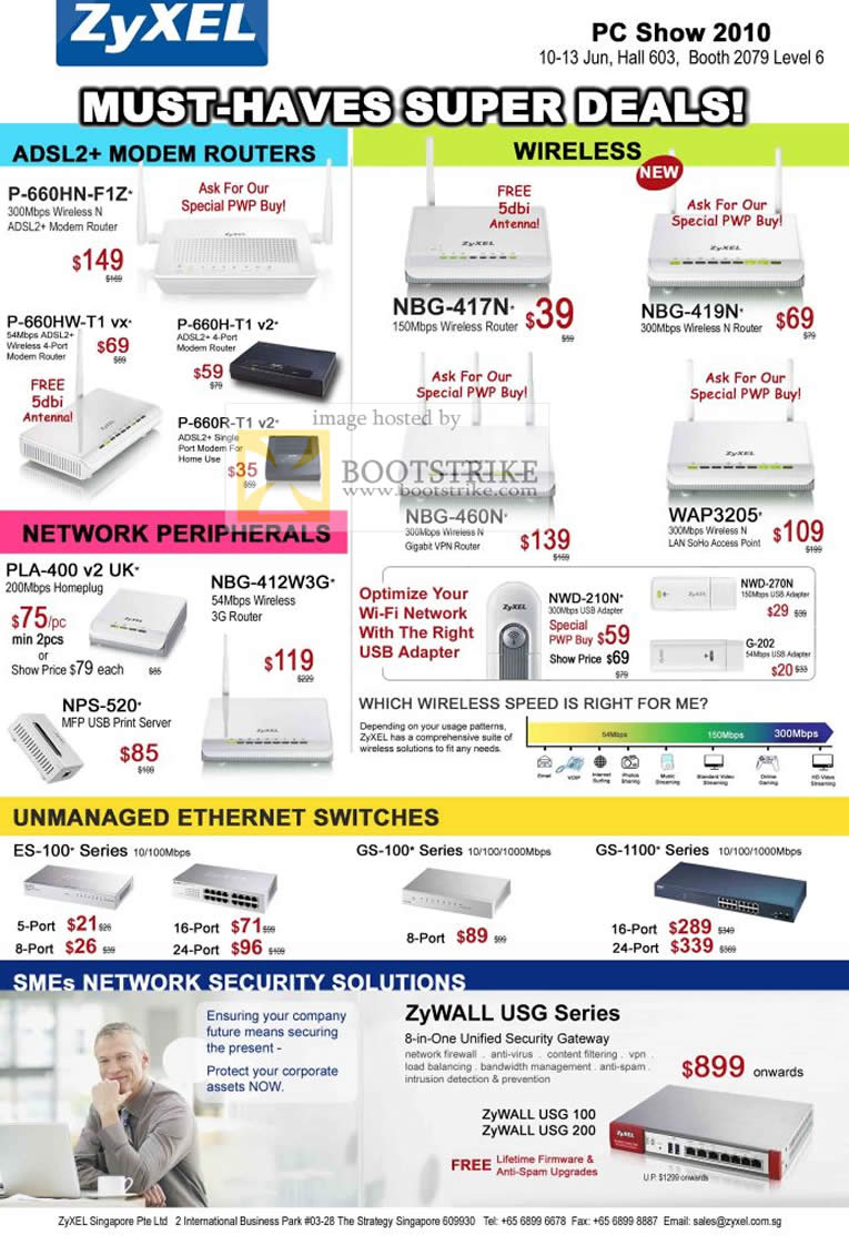 PC Show 2010 price list image brochure of ZyXEL ADSL Modem Routers Wireless N Homeplug USB Adapter Print Server Switches USG 100 200 Unified Security Gateway