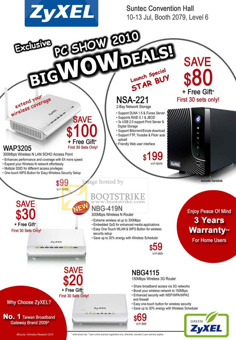 PC Show 2010 price list image brochure of ZyXEL Wireless Router WAP3205 NSA 221 NAS NBG 419N N NBG 4115 3G HSDPA