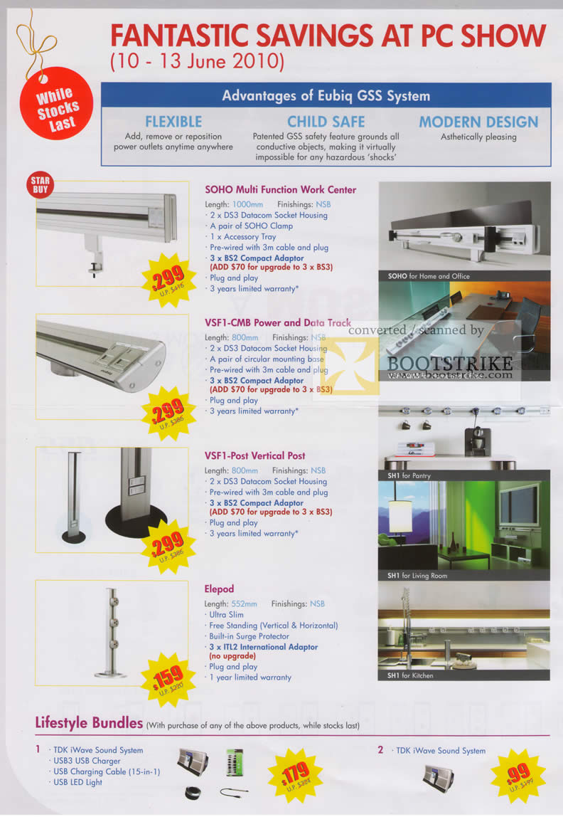 PC Show 2010 price list image brochure of Eubiq GSS System SOHO Multi Function Work Center VSF1 CMB Vertical Post Elepod