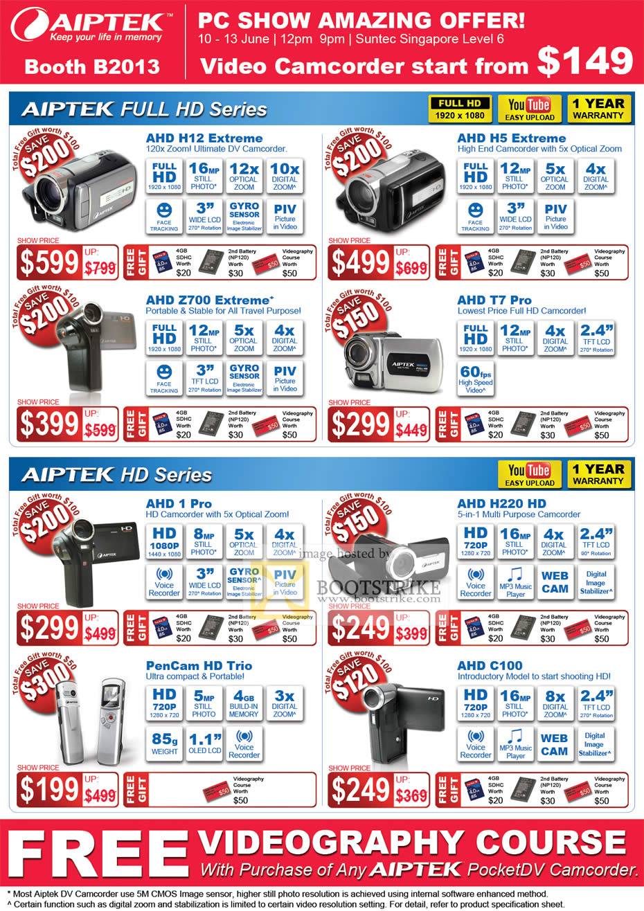PC Show 2010 price list image brochure of IKnow Aiptek Camcorders AHD H12 Extreme Z800 H5 T7 Pro 1 Pro H220 HD PenCam Trio C100