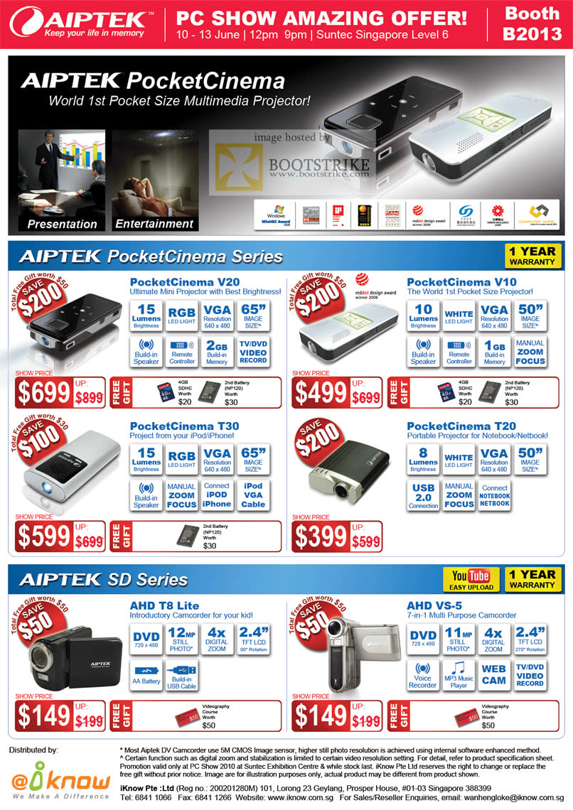 PC Show 2010 price list image brochure of IKnow Aiptek PocketCinema Projector V20 V10 T30 T20 Camcorder AHD T8 Lite VS 5