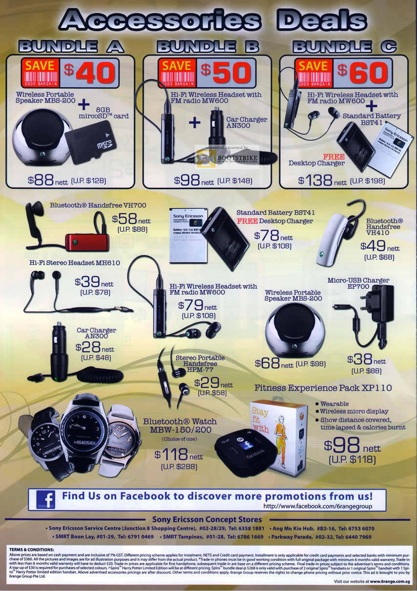 PC Show 2011 price list image brochure of 6Range Sony Ericsson Accessories Speaker MicroSD Headset Car Charger Handsfree Bluetooth Watch Fitness Experience Pack XP1100
