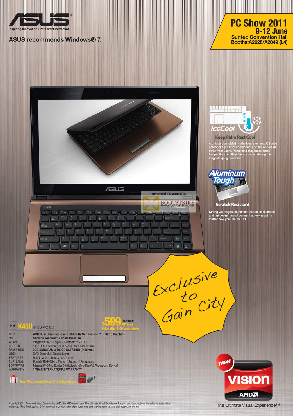 PC Show 2011 price list image brochure of ASUS Gain City Notebook K43U IceCool AMD