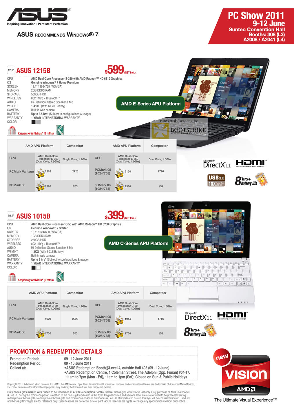 PC Show 2011 price list image brochure of ASUS Newstead Notebooks 1215B 1015B AMD