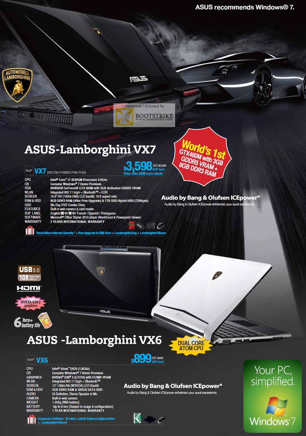 PC Show 2011 price list image brochure of ASUS Notebooks Gaming Lamborghini VX7 VX6 Bang Olufsen ICEpower Audio GTX460M