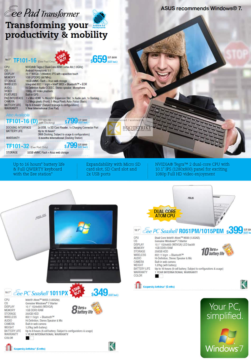 PC Show 2011 price list image brochure of ASUS Tablets Netbooks Eee Pad Transformer TF101-16 TF101-32 PC Seashell R051PM 1015PEM 1011PX