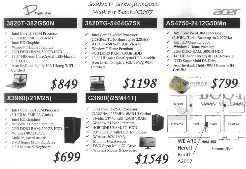 PC Show 2011 price list image brochure of Acer Digital Asia Notebooks 3820T 382G50N 5464G75N AS4750 2412G50Mn X3960 I25M25 G3600 I25M41T
