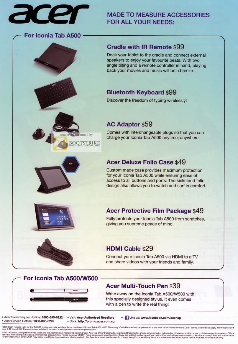 PC Show 2011 price list image brochure of Acer Iconia Tab A500 Accessories Cradle IR Remote Bluetooth Keyboard AC Adapter Folio Case Film Package Multi-Touch Pen