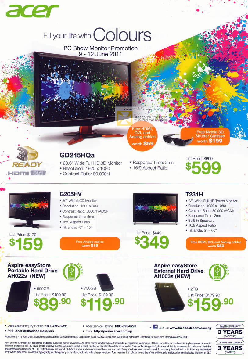 PC Show 2011 price list image brochure of Acer Monitors LCD GD245HQa 3D G205HV T231H External Storage EasyStore AH022s AH003s