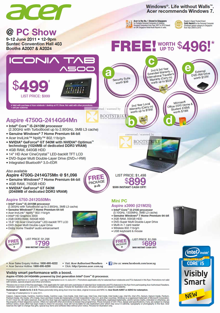PC Show 2011 price list image brochure of Acer Notebooks Desktop PC Aspire 4750G 2414G64Mn Iconia Tab A500 Tablet 5750 X3990