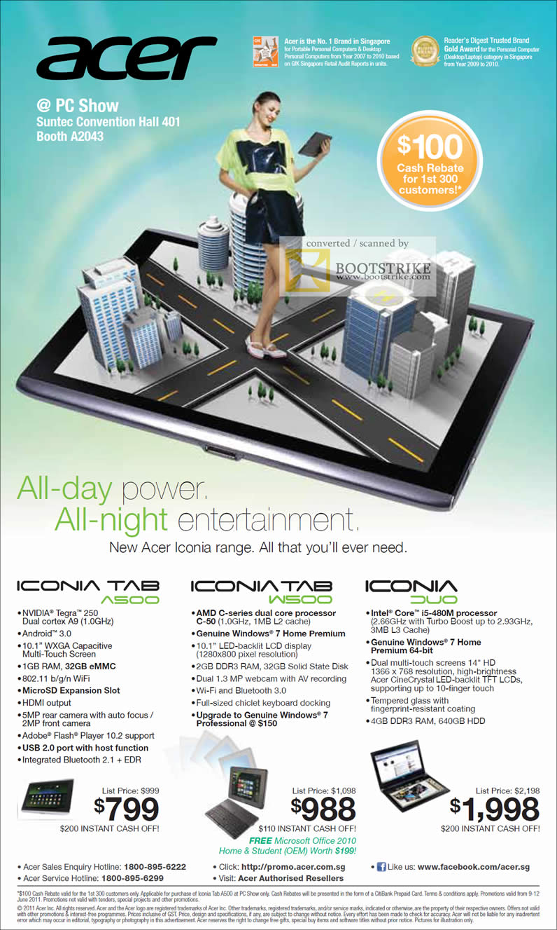 PC Show 2011 price list image brochure of Acer Tablets Notebooks Iconia Tab A500 W500 Duo Android