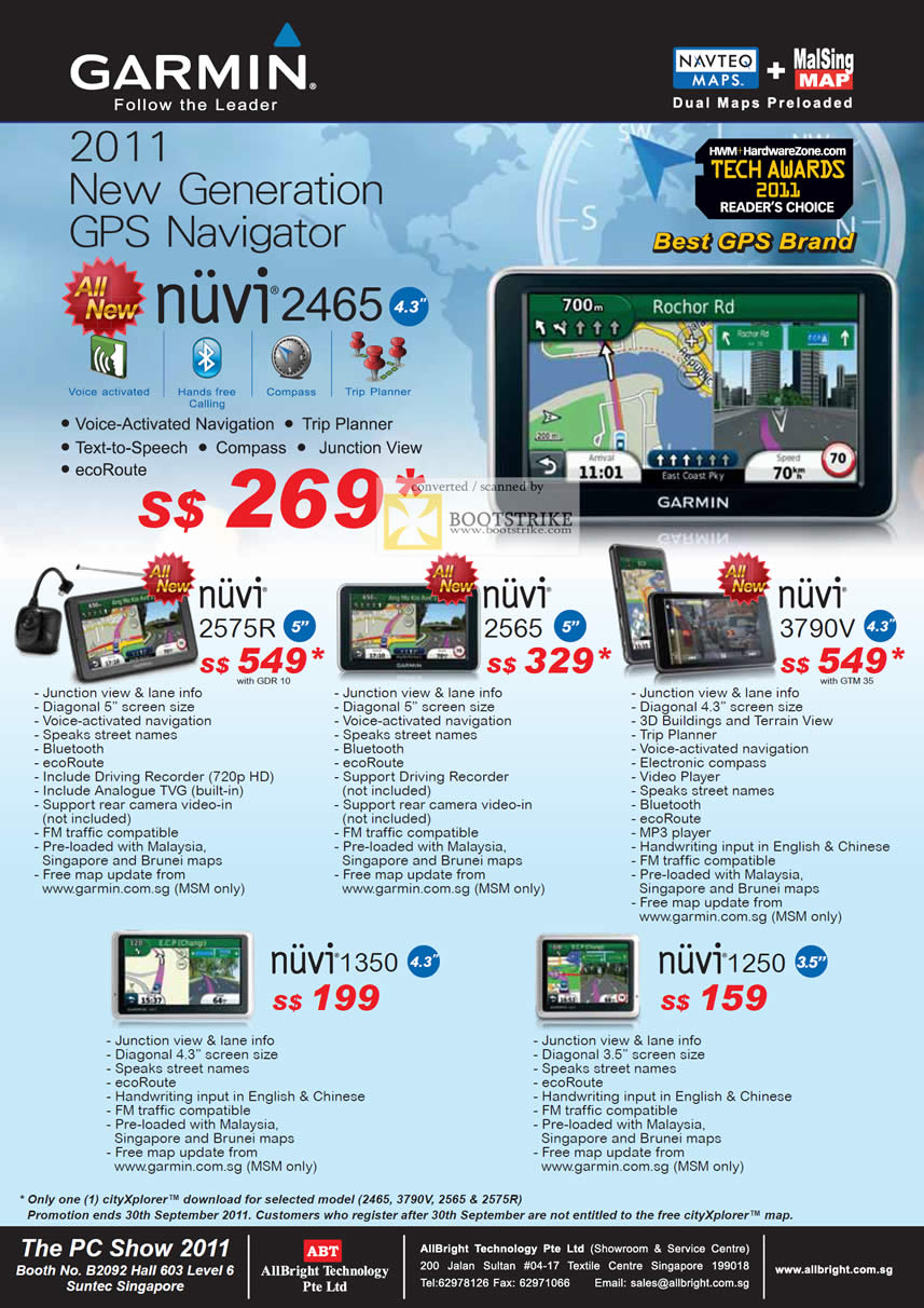 PC Show 2011 price list image brochure of AllBright Tech Garmin GPS Navigator Nuvi 2465 2575R 2565 3790V 1350 1250 Malsing Navteq EcoRoute